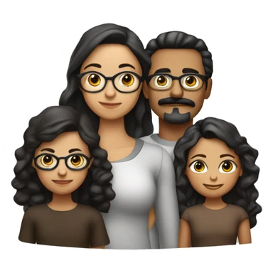 Familia de 4. Padre con lentes, bigote y cabello negro, moreno claro. Madre con Cabello negro largo y tez clara. Dos hijas, una con pelo rizado largo, otra con pelo largo lacio. Todos con ojos cafés sticker