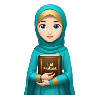 Turkish beautiful finish Konya girl blue eyes with gold hijab and islamic long tailed turquoise dress on the ground at her home garden and had on her hand text Eid Mubarak  sticker
