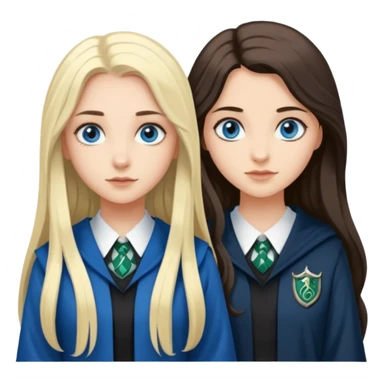 a pretty ravenclaw girl with long dark brown hair and blue eyes standing with a pretty Slytherin girl with long blonde hair, blue eyes sticker