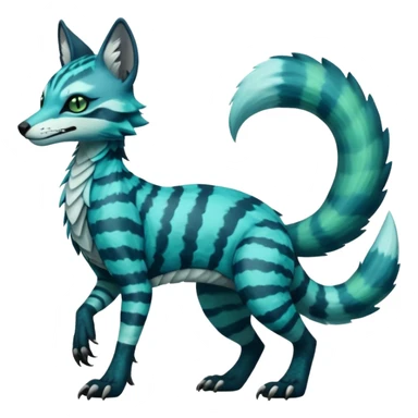 zig-zag-patterned striking blue-cyan-minty-green-gradiented with dark undertones, white underside, thunderous stormy edgy badass realistic Vernid-Sergal-Genet-Trico-species by LiLaiRa, full body sticker