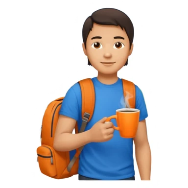 an asian man in blue t-shirt with orange cup of coffee and backpack on the back. Eiffel tower on the background. shoulder length  sticker