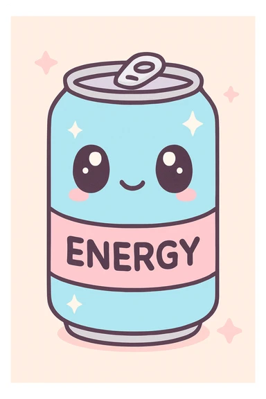 kawaii style energy drink can with a playful face, pastel blue and pink, and sparkles sticker