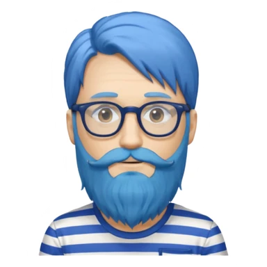man with long blue hair, glasses, and a long beard and wearing a striped t-shirt sticker