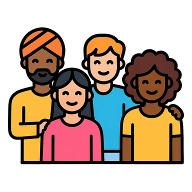 icon of a diverse group, including people with different hairstyles and cultural backgrounds, friendly and welcoming sticker