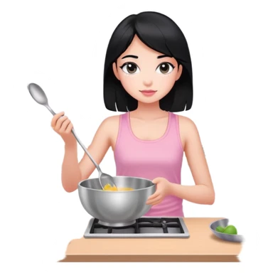 girl with black hair and black eyes white tone skin wearing pink pastel tanktop, and holding a silver bowl cooking or mixing something sticker