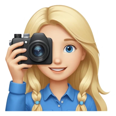  blue eyes blonde girl photographer cartoon taking picture in middle of taking picture camera in front of face long hair smiling funny flash professiona sticker