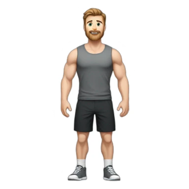 Full height Actively gesturing with hands Pale skinned Fit Man With the biceps and brown hair in dark gray Sleeveless Mike, black oversize sports shorts, watch and white Sneakers sticker