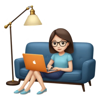 A girl is working with a laptop while lying on a sofa, with a floor lamp to the right. sticker
