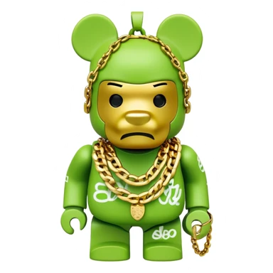 classic bearbrick figure with lime green mask covered in chaotic brand logos, wearing several large gold chains, gold pendant, rapper style accessories, expressive eyebrows sticker