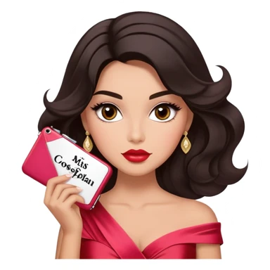 A woman with lighter almond-toned skin, voluminous dark hair in waves, expressive eyes with soft lashes and shimmer, full lips with a glossy nude-pink color, wearing a red dress and a white crossbody sash with “Miss San Juan” in black letters, exuding elegance and confidence. sticker