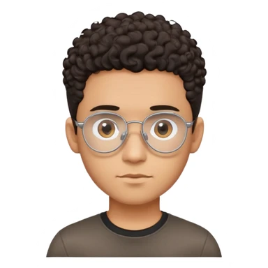 Young Latino male with small oval face, prominent forehead, aviator eyeglasses with metal frames, completely shaved sides with minimal dark curly hair on top only, gentle neutral expression, brown skin tone, simple black t-shirt sticker