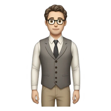 Full height Pale skinned Fit Man With dark brown hair in gray jacket, vest, tie, beige office shirt, Brown pants and vintage glasses. Thrumbs of his palms directed up sticker