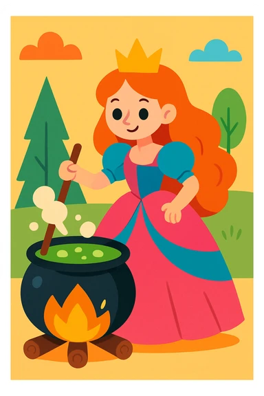 a princess stirring a pot, whimsical style, playful, bright colors sticker