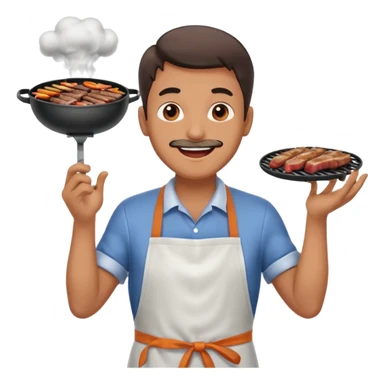 A cheerful man in an apron flipping meat on a sizzling grill with smoke puffing upward. sticker