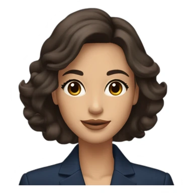 Beautiful woman with long dark brown hair, big almond shape brown eyes wirh long eyelashes, pretty smile with medium full lips, defined jawline, medium size nose, wearing a navy power suit  sticker