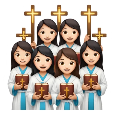 eight asian girls holding bibles and crosses and laughing to each other sticker