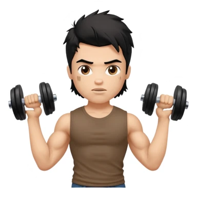 generate a pretty fair bratz boy with a messy mullet (black hair), wearing a brown tshirt. he has big biceps and is ripped. He is holding dumbbells sticker