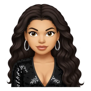 Jordin Sparks with long dark brown hair, black sequin outfit sticker