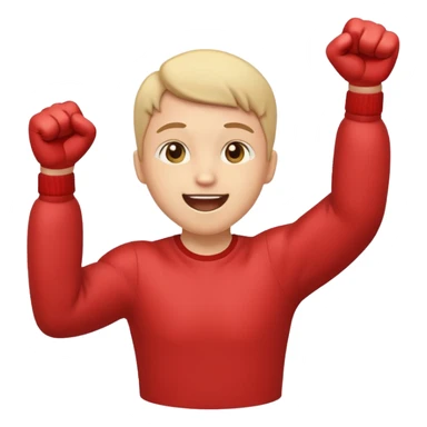 Emoji-style person jumping with fist up, excited expression, rounded cute style, soft shading, sticker