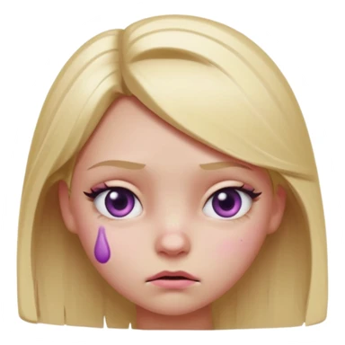 Blonde girl emoji, head and slight shoulders visible, one eye bruised pink and slightly swollen (cartoon black eye), soft pink-purple bruise shading around eyelid, cute but annoyed expression, glossy smooth 3D emoji render, centered composition, clean lighting, white or transparent background. sticker
