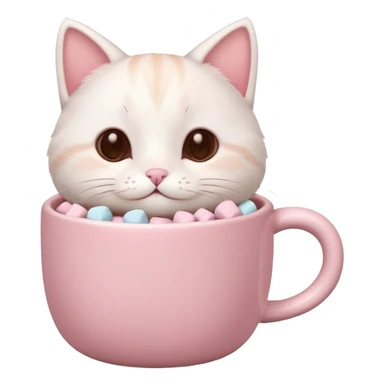 cute white cat relaxing in a pastel pink mug of cocoa with marshmallows, soft lighting, rounded shapes sticker