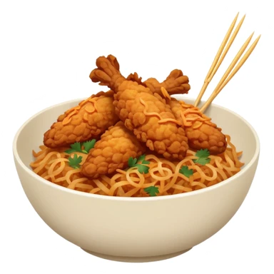 iOS-style minimal food emoji of a rice bowl with crispy fried chicken tenders, fried onions, sweet-and-sour sauce, and parsley garnish, smooth shapes, vibrant natural colors, clean vector-like rendering, transparent background. sticker