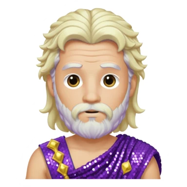 Zeus from Greek Gods with long platinum blonde wavy hair and short beard, purple sequin toga sticker