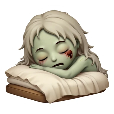 Meme-Worthy Cute Sleeping Zombie Portrait Emoji, with a delightfully quirky, slightly disheveled decaying face in soft ashen hues, head tilted back in peaceful, relaxed sleep with softly closed eyes and a tiny, endearing smile, simplified yet irresistibly charming, highly detailed with a soft eerie glowing outline that captures the gentle, unexpected cuteness of a zombie in serene repose! sticker