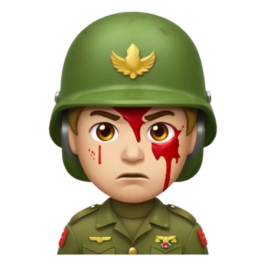 scowling soldier emoji with red skin tone, blood splatter on left cheek, wearing green helmet and military uniform, facing slightly right, 2d apple emoji style sticker