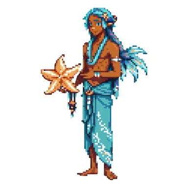 elf male Sarong with bioluminescent embroidery, armful of starfish, hair in a braid with pearl pins sticker
