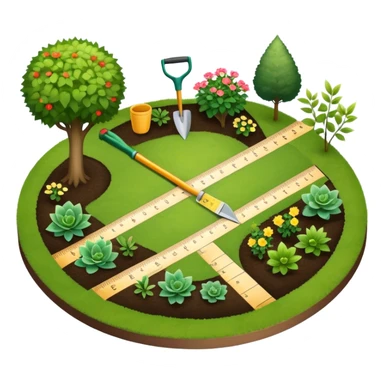 Icon for Landscape Design: a garden layout with plants, trees, paths, and design tools like a spade, pencil and measuring tape. The icon should represent creativity in outdoor space planning and gardening. Transparent background. sticker
