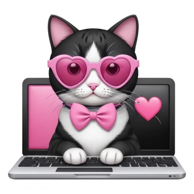 Black and white cat with pink ribbon and black cool sunglasses doing pink computer with pink heart sticker