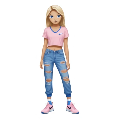 preppy teenage girl, blue eyes, tan, less blonde highlights, brown long hair, wearing ripped blue very long and very baggy jeans with a light pink sexy revealing very low neck crop top, wearing Nike shoes with Nike socks, very sexy, really really long eyelashes, very pretty sticker