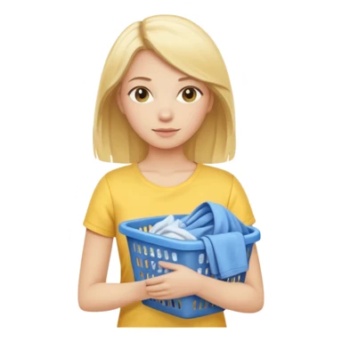 Blond lady shoulder length hair wearing yellow shirt holding blue laundry sticker