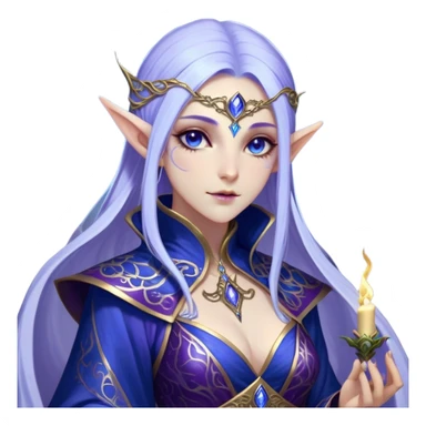 Cinematic Realistic WoW Elf Mage Portrait, depicted with ethereal, otherworldly beauty and refined arcane mastery. Clad in an intricately detailed robe in consistent deep blues and purples accented with shimmering gold filigree, her luminous, porcelain-like skin and delicate features evoke timeless elegance. Her piercing, mystical eyes radiate ancient wisdom, rendered with lifelike texture and subtle, magical lighting, high shine, noble and majestic, capturing the essence of a legendary elven sorceress. sticker