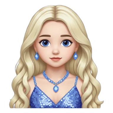 Sabrina Carpenter with long platinum blonde hair, periwinkle sequin dress and necklace sticker