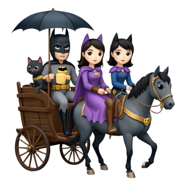  Rustic wood detailed 1854 Batman driving and pretty dark-haired Catgirl riding a horse drawn family-size Caravan alone together on a romantic trail in the woods  sticker