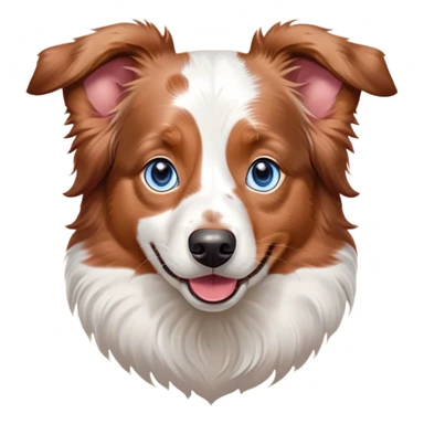 Cinematic Cute Predominantly White Red Merle Australian Shepherd Portrait Emoji, Head tilted playfully and inquisitively, predominantly white fur with vibrant red merle patches, round, sparkling blue eyes filled with curiosity, Simplified yet irresistibly adorable features, highly detailed, glowing with a warm, friendly glow, high shine, affectionate and lively, stylized with a touch of whimsy, bright and endearing, soft glowing outline, capturing the essence of a mischievous yet loving pup, so playful it feels like it could bound out of the screen and into your arms! sticker