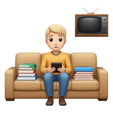 A person sitting on a couch watching TV, with a pile of work next to them sticker