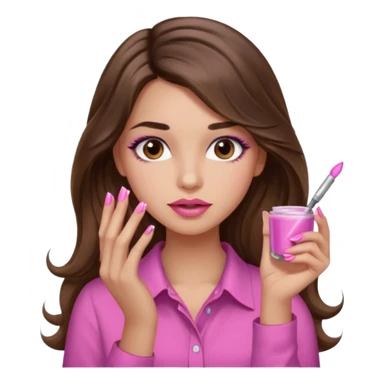 girl with long wavy brown hair, brown eyes, light to medium complexion, in a pink shirt, pink lips, long lashes, puckered lips,  painting long nails sticker