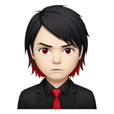 Gerard Way (Revenge Era)
Round, simplified emoji style
Pale skin tone
Jet-black, shoulder-length hair messy and emo
Heavy eyeliner and slight red shadow under the eyes
Subtle serious
Hint of red tie visible on black button up shirt.
Transparent background. Black eyeliner. Messy emo hair sticker
