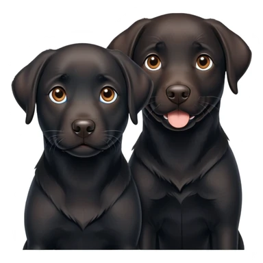 Two black Labrador dogs, one fully black with brown eyes and the other black one with white on his chest and blue eyes sticker