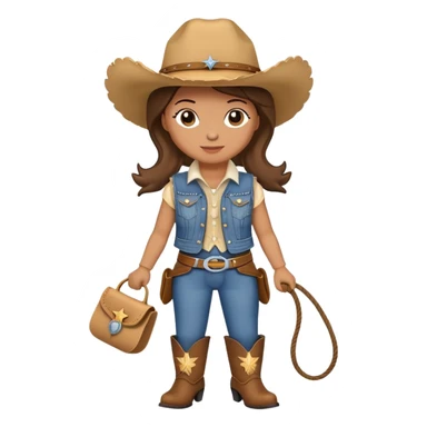A cuddly cowgirl plush toy with denim vest, cowboy boots and a lasso sticker