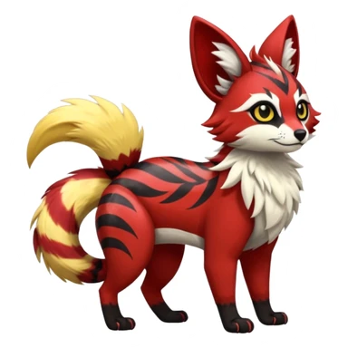 Futuristic sanguine-red banana-yellow black chevron-marked furry fluffy floofy feathery tribal marked Genet-Absol-Kyurem-Zeraora-Primagen-fusion-creature  sticker