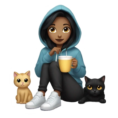 Pretty girl with black hair in a hoodie and sweatpants drinking hot chocolate sitting next to a black cat sticker
