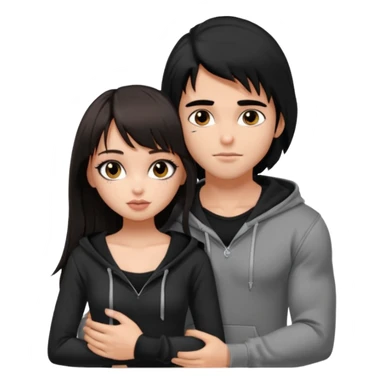 generate a pretty bratz girl in black cami top, dark brown straight long hair with bangs, eyeliner on, 

hugging a handsome muscular boy with black hair and a grey hoodie sticker
