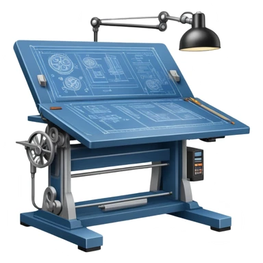 An icon featuring an engineering drafting table with a blueprint, a ready machine, and microchips, symbolizing engineering. The design includes gears, tools, and circuit boards, representing the design, creation, and innovation in technology. Transparent background highlights the science of building sticker