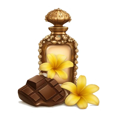 An antique perfume bottle with oil made of bronze and brown crystals, coconut cream and coffee milk flow, chocolate, yellow flowers of fragrant vanilla lie next to it sticker