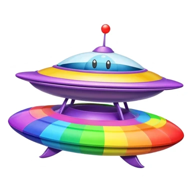 A colorful rainbow crayon character riding on top of a flying saucer UFO in space sticker