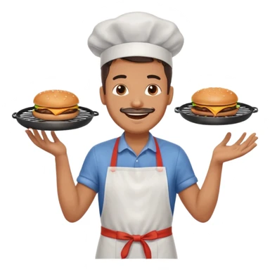 A cheerful man in an apron flipping burgers on a sizzling grill with smoke puffing upward. sticker